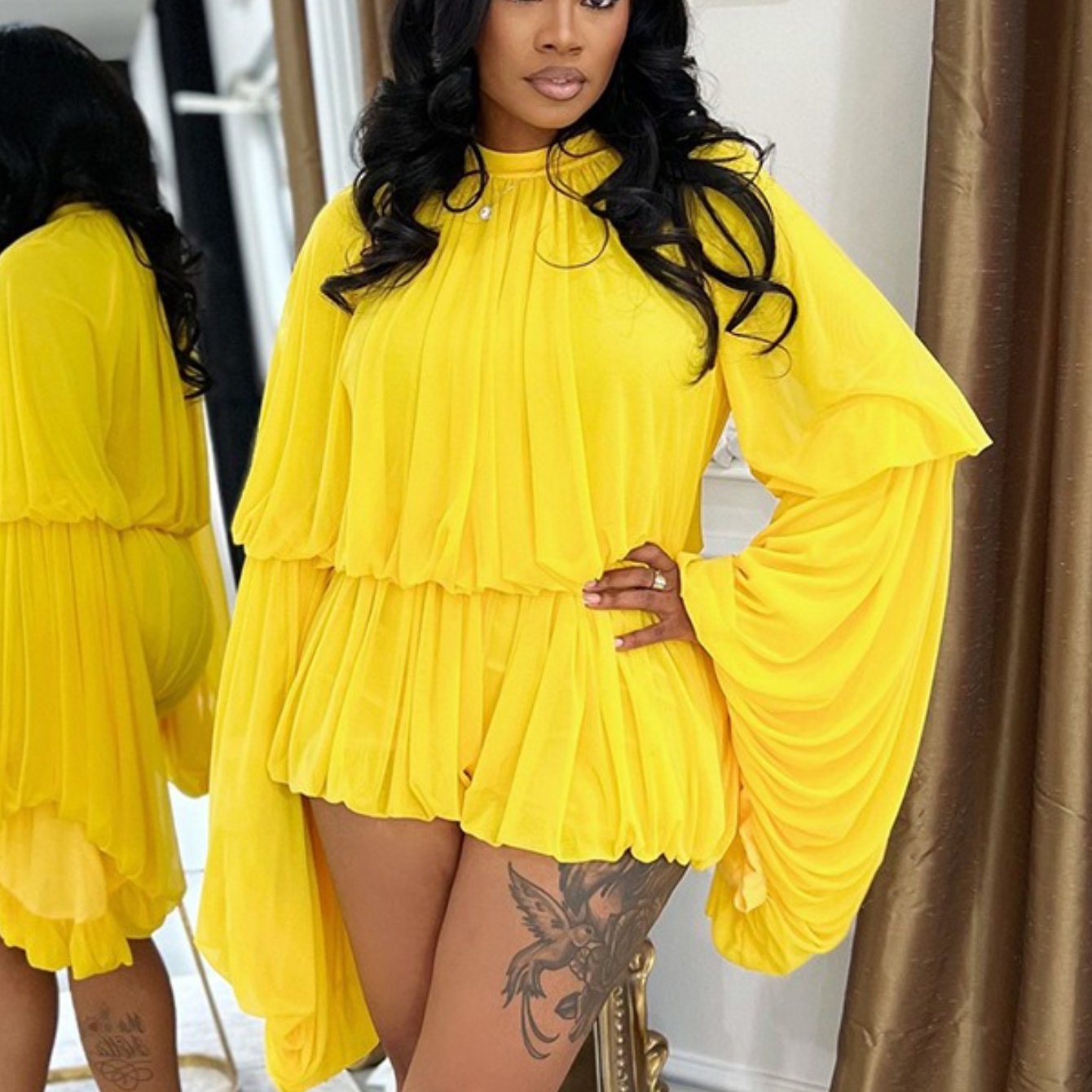 High Neck Pleated Romper with Pockets