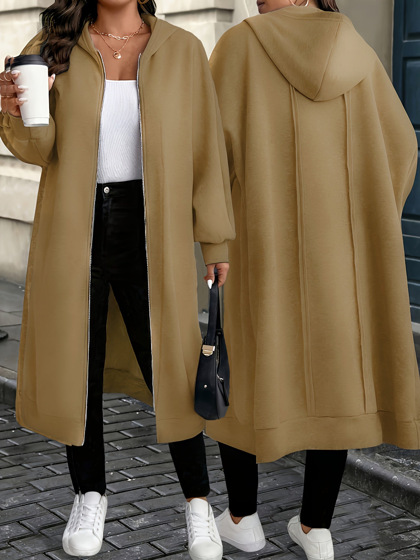 Hooded Zipper Front Long Overcoat