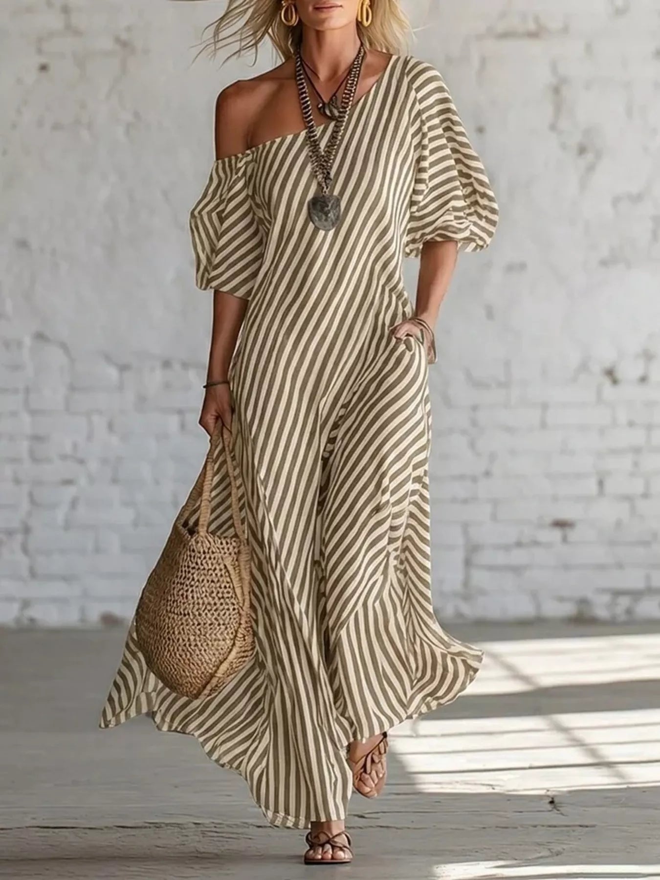 Striped one-shoulder maxi dress from Trendsi featuring bold horizontal stripes and a flowing silhouette.