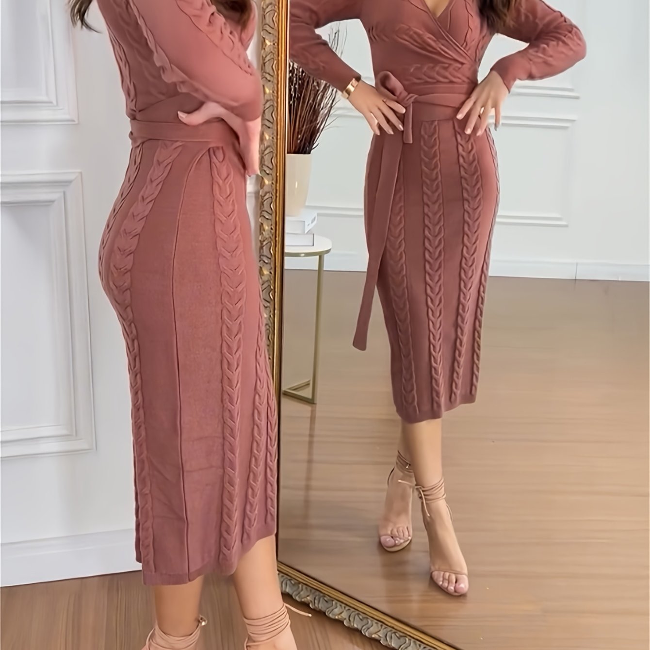 Cable-Knit V-Neck Tie-Waist Sweater Dress