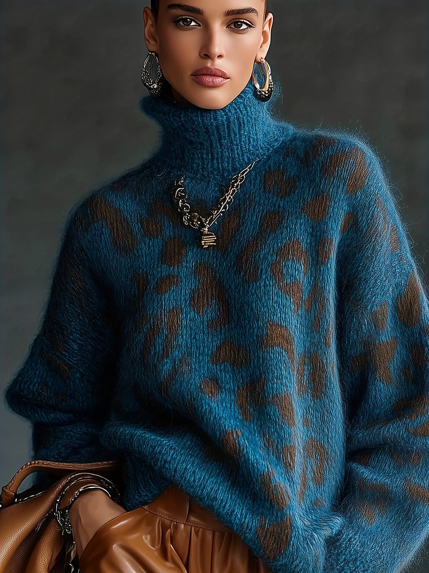 Oversized Leopard Print Turtleneck Sweater