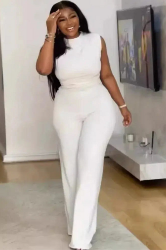 White Sleeveless Wide Leg  Pants Set