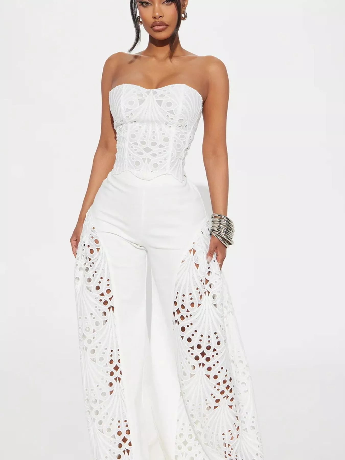 Trendsi matching set featuring a stylish cutout tube top and wide-leg pants in a coordinated fashion ensemble.