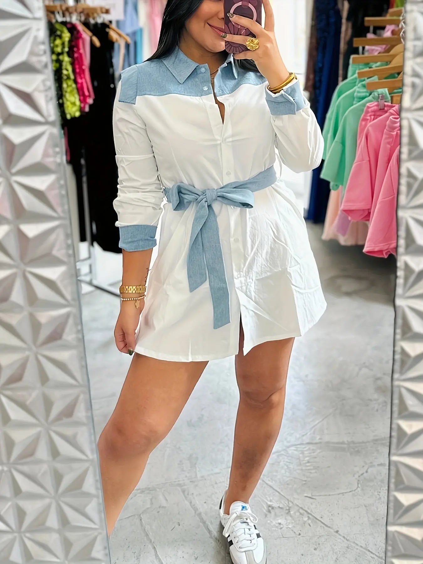 Denim Patch Belted Shirt Dress Toshe Women's Fashions
