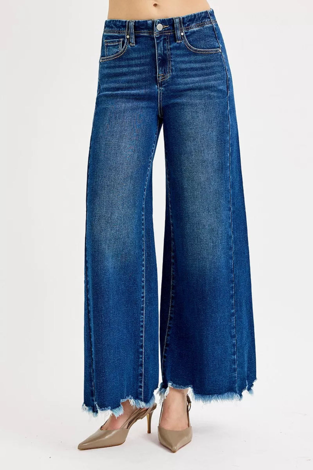 High-rise frayed hem ankle wide jeans in denim from Trendsi displayed on a model with a casual pose.