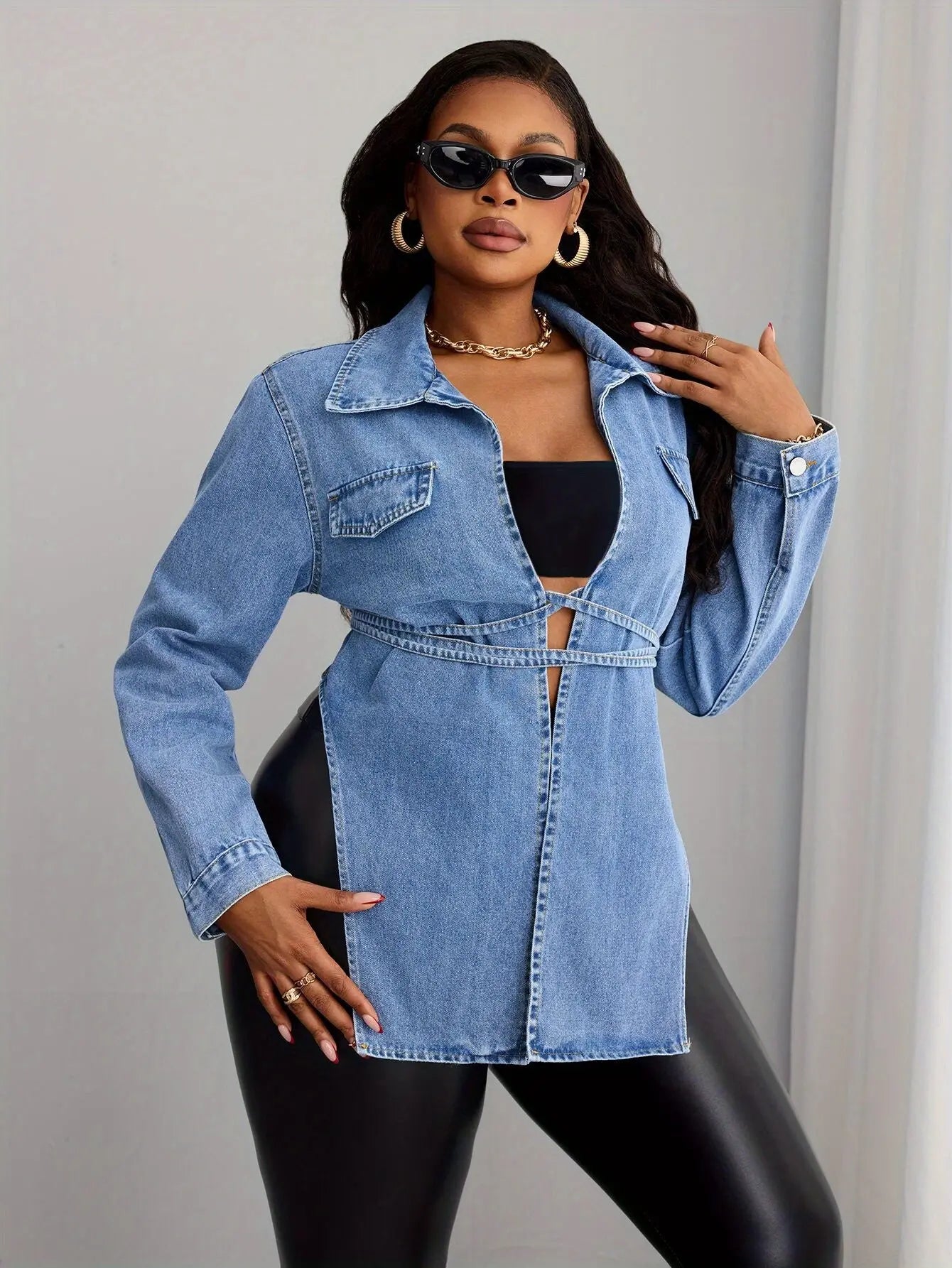Light Blue Denim Tie-Up withSplits Denim Jacket Toshe Women's Fashions