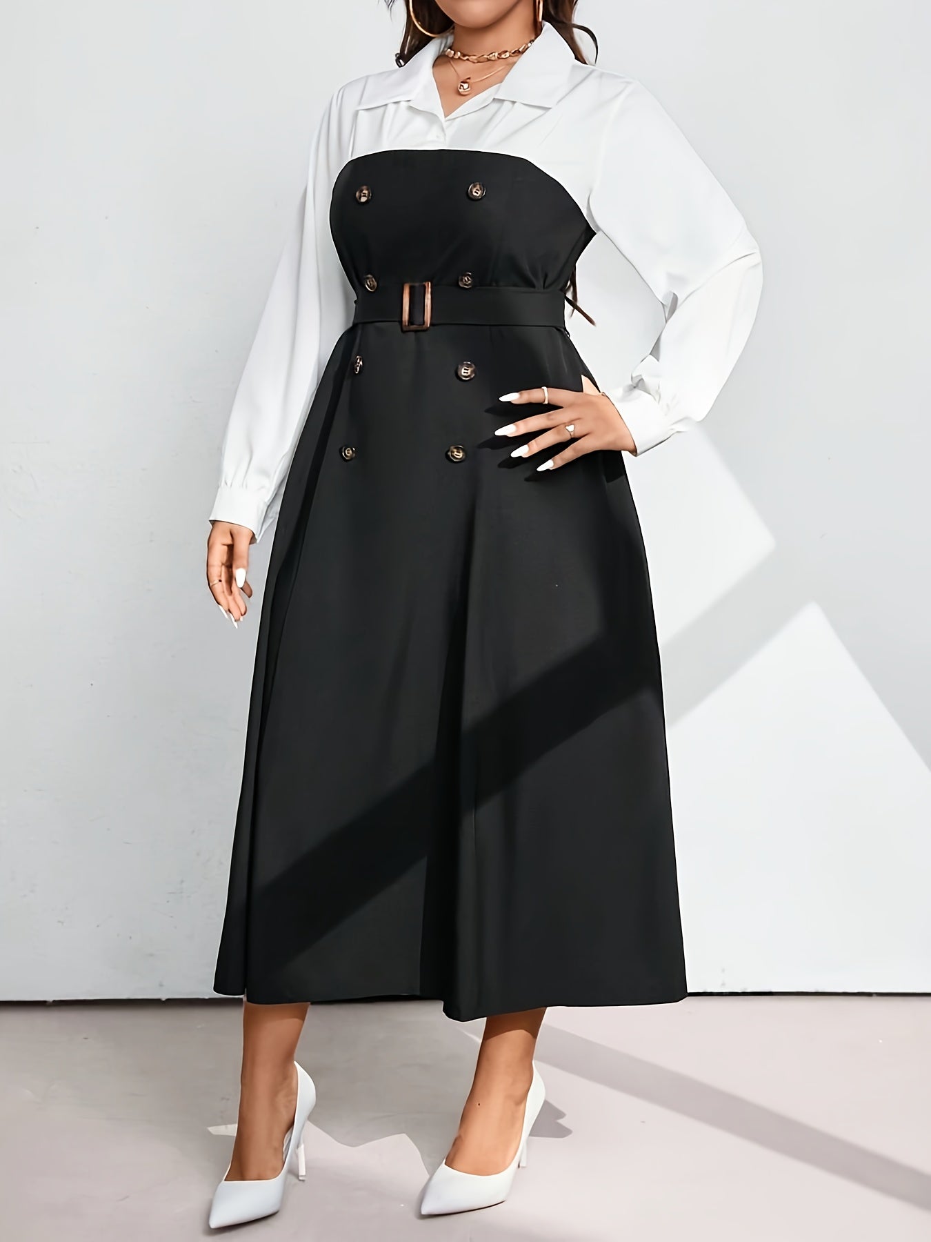 Black & White Chic Shirt Collar Belted A-Line Dress