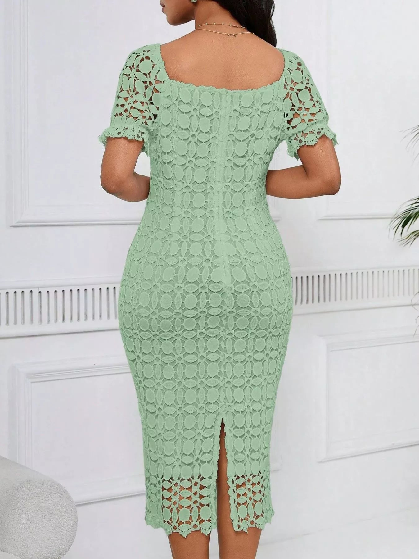 Lace short sleeve midi dress from Trendsi featuring intricate lace fabric and a stylish midi length.