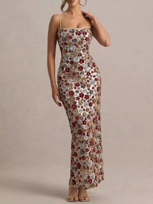 Floral sequin slit maxi dress from Trendsi, elegant bodycon style with a slit detail, suitable for after 5 occasions.