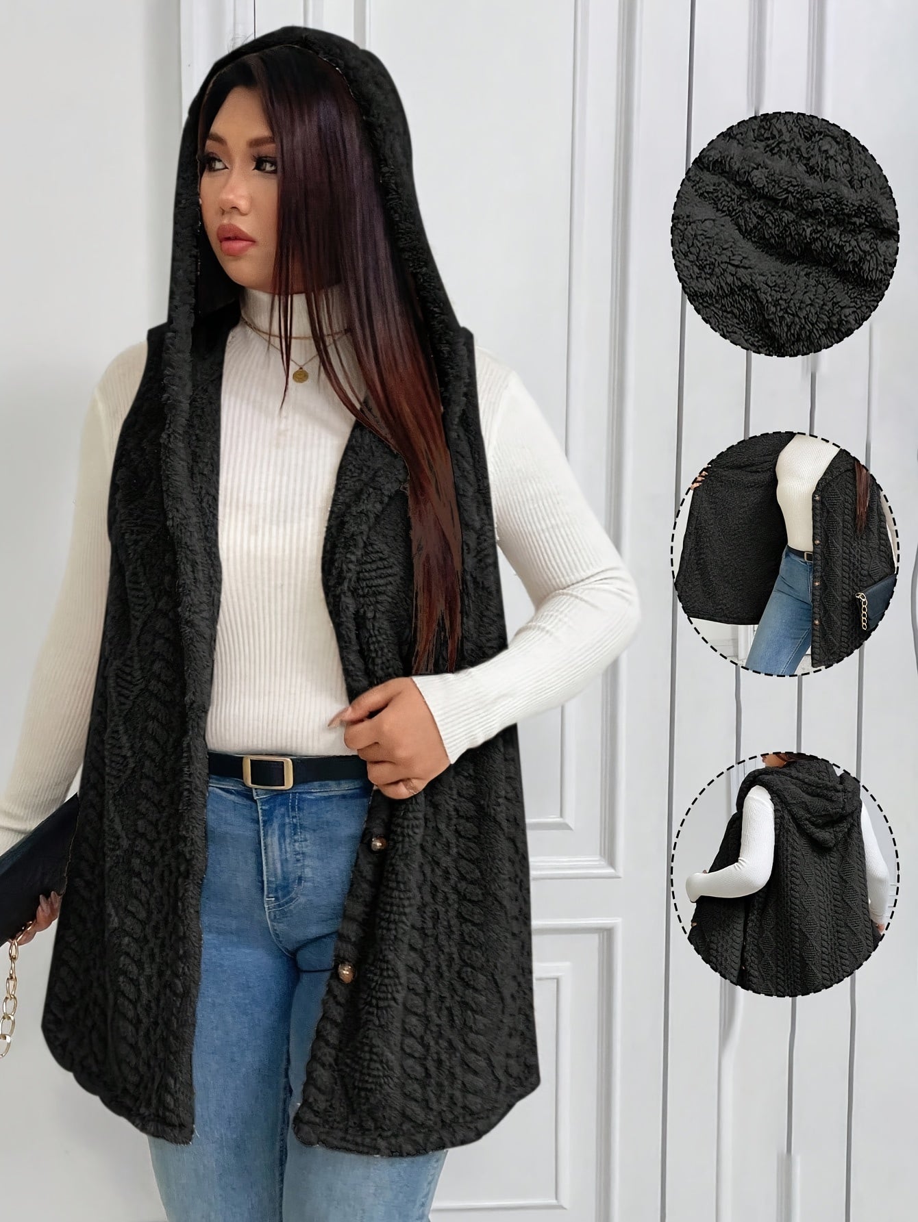 Hooded Fleece-Lined Faux Button Sleeveless Vest