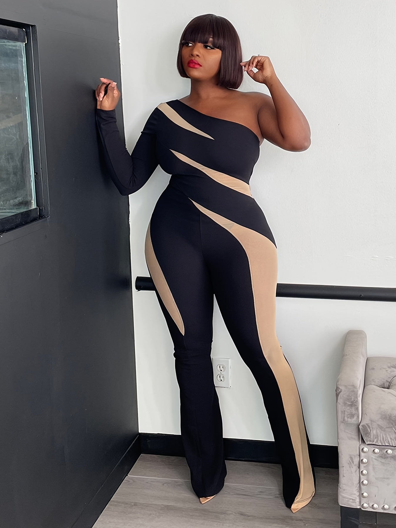 Black Black & Beige Off-Shoulder Mesh Panel Jumpsuit – Elegant Wide-Leg One-Piece Outfit