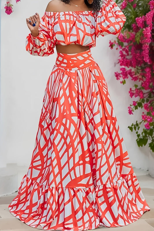 Chic Crop Geometric Print Off Shoulder Top & Skirt Set