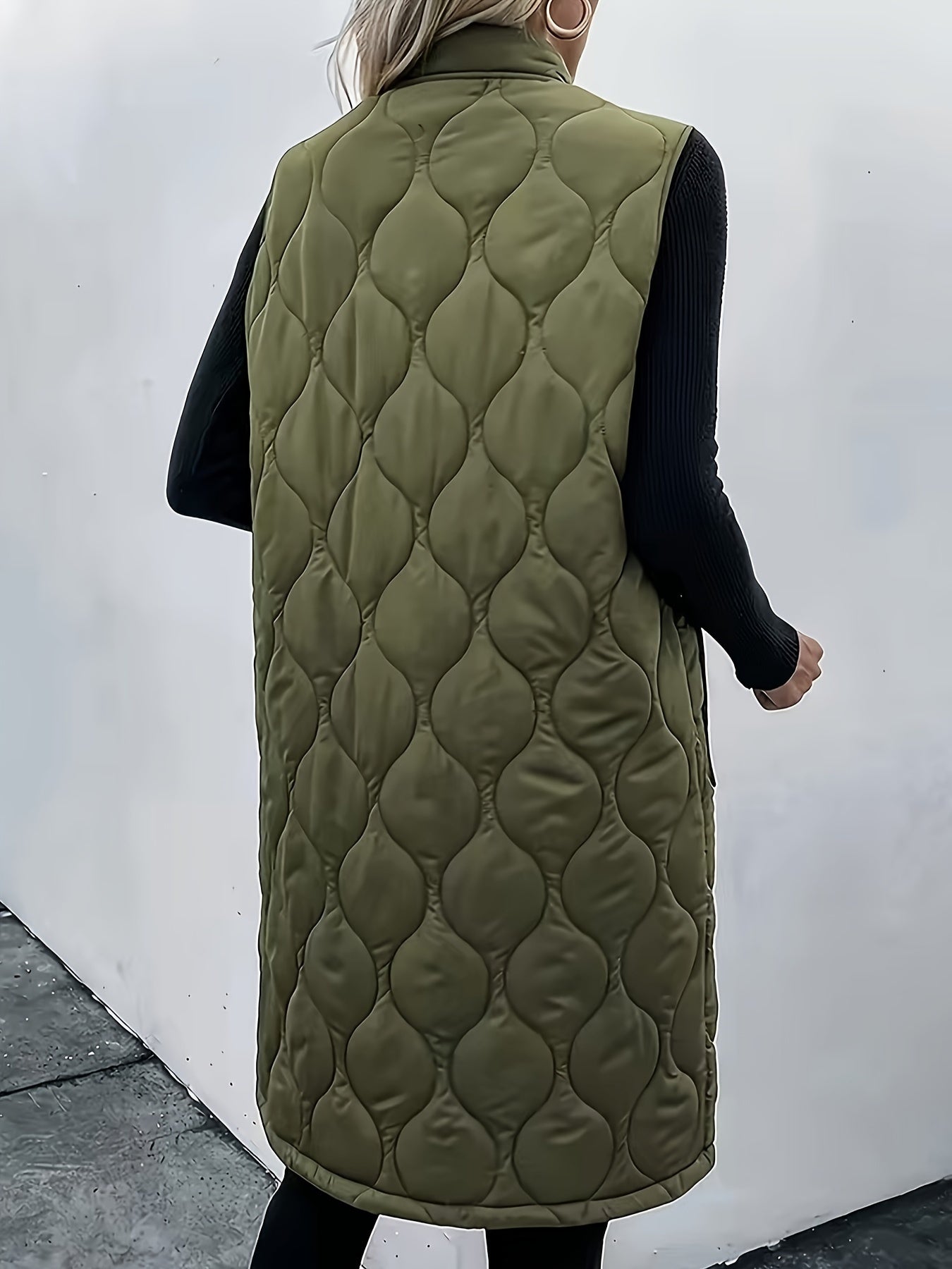 Quilted Army Green Sleeveless Zipper Vest