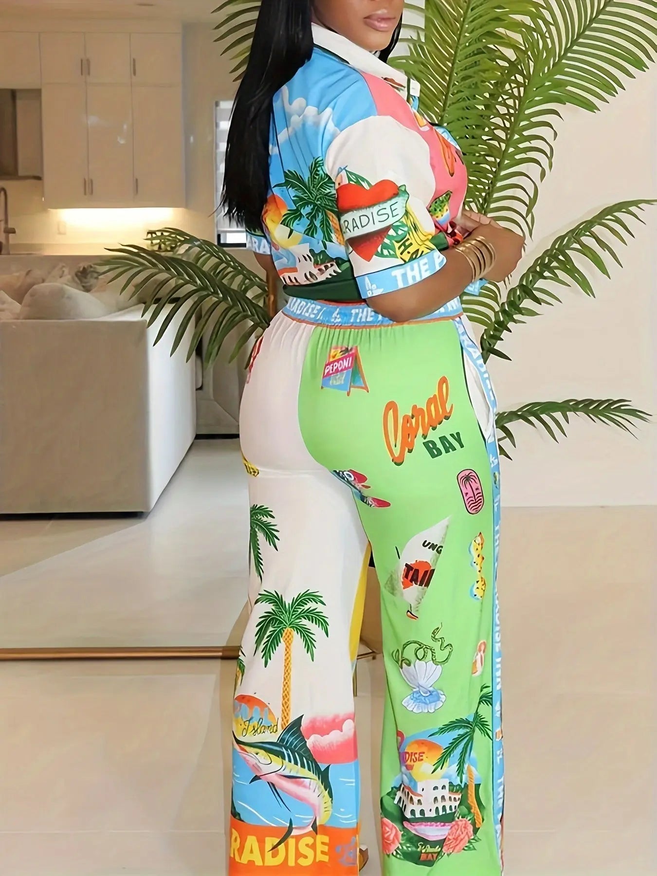 Casual Printed Shirt and Trouser Set Toshe Women's Fashions