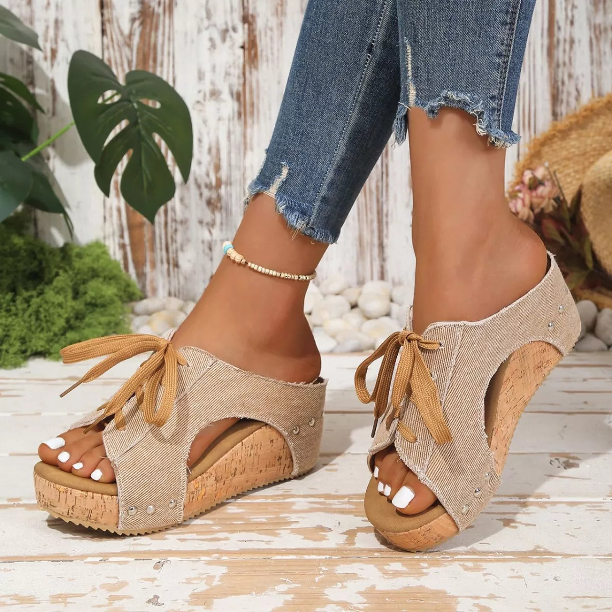 Lace-up wedge sandals from Trendsi featuring tan straps and a chunky heel, perfect for casual summer outfits.