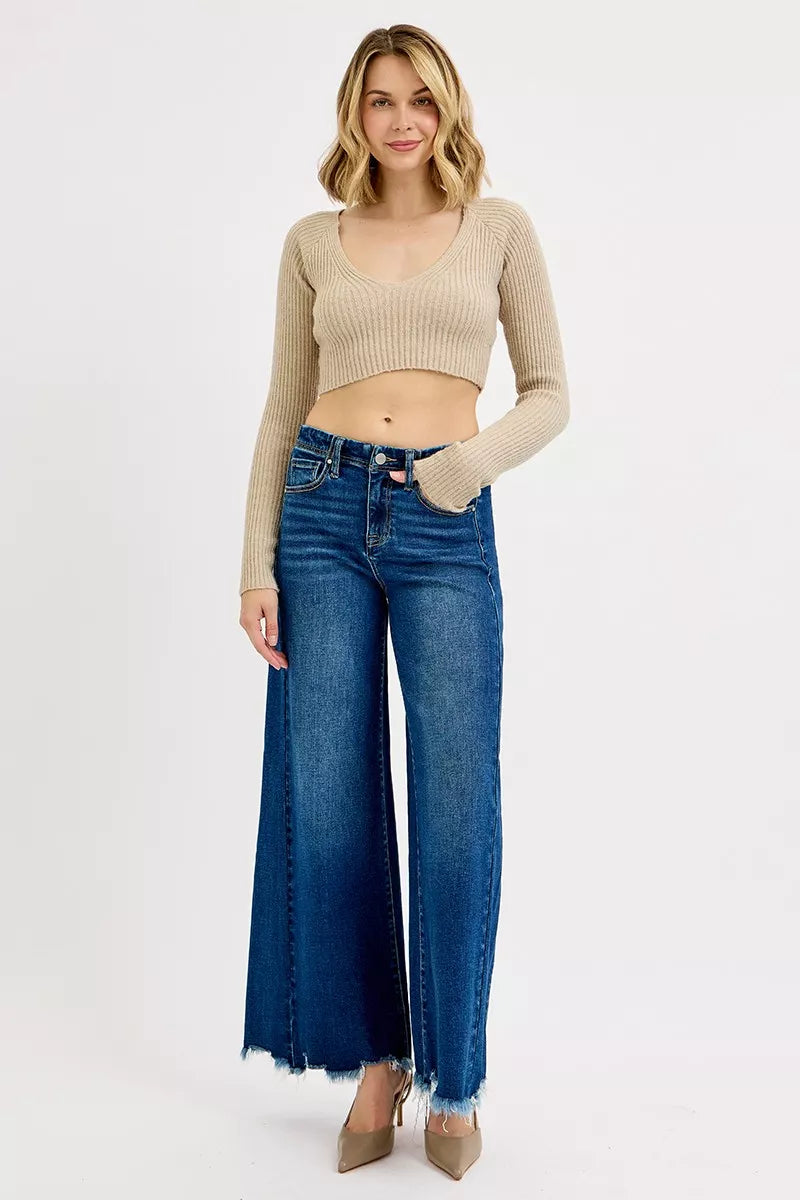Light blue frayed hem high rise ankle wide jeans from Trendsi, featuring distressed denim and a stylish relaxed fit.