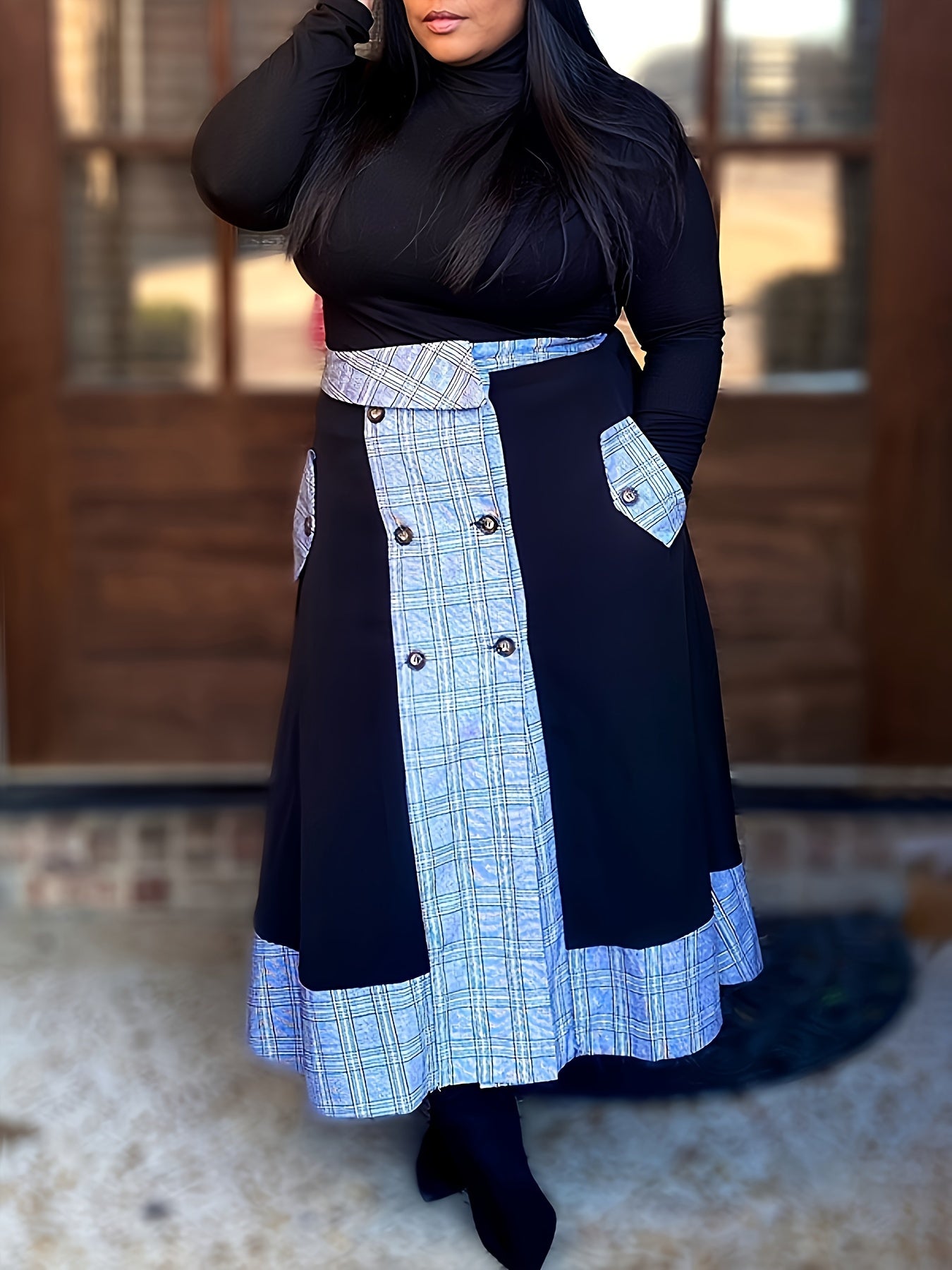Mock Neck Long Sleeve Top & Plaid Skirt Set – Chic Two-Piece Outfit