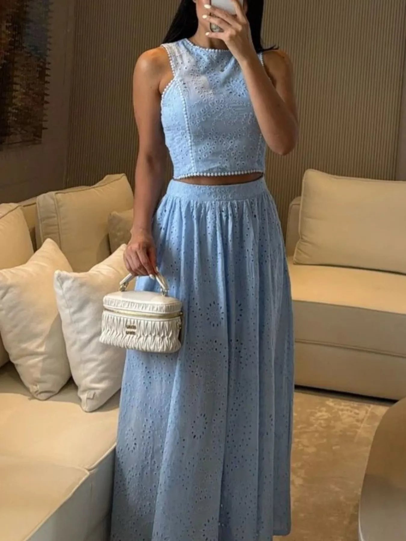 Trendsi eyelet crop top and maxi skirt set, stylish matching outfit with eyelet details, perfect for summer or casual wear.