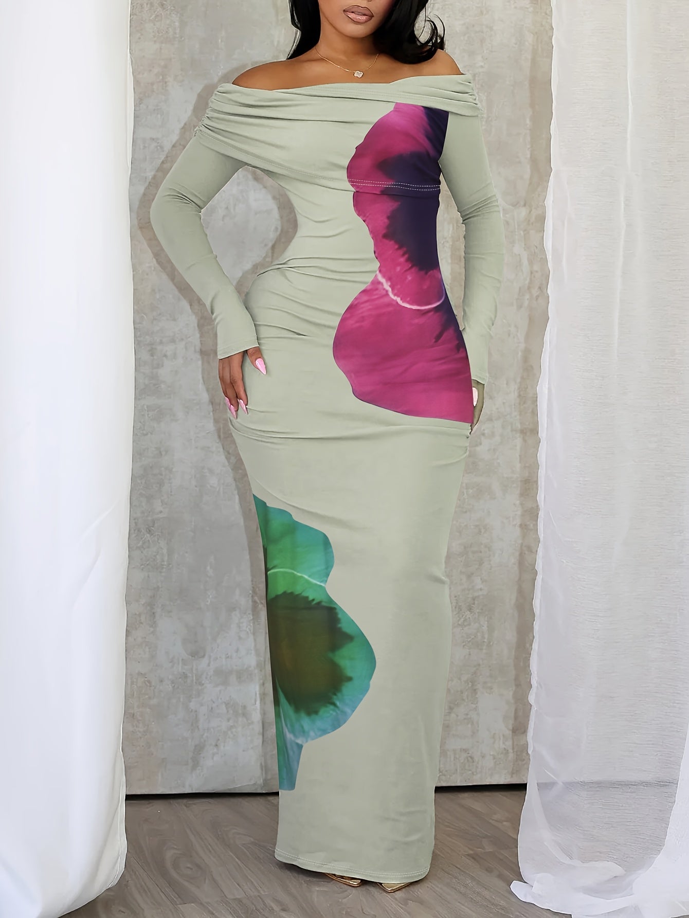 Off Shoulder Floral Print Stretchy Fitted Top & Flowy Skirt