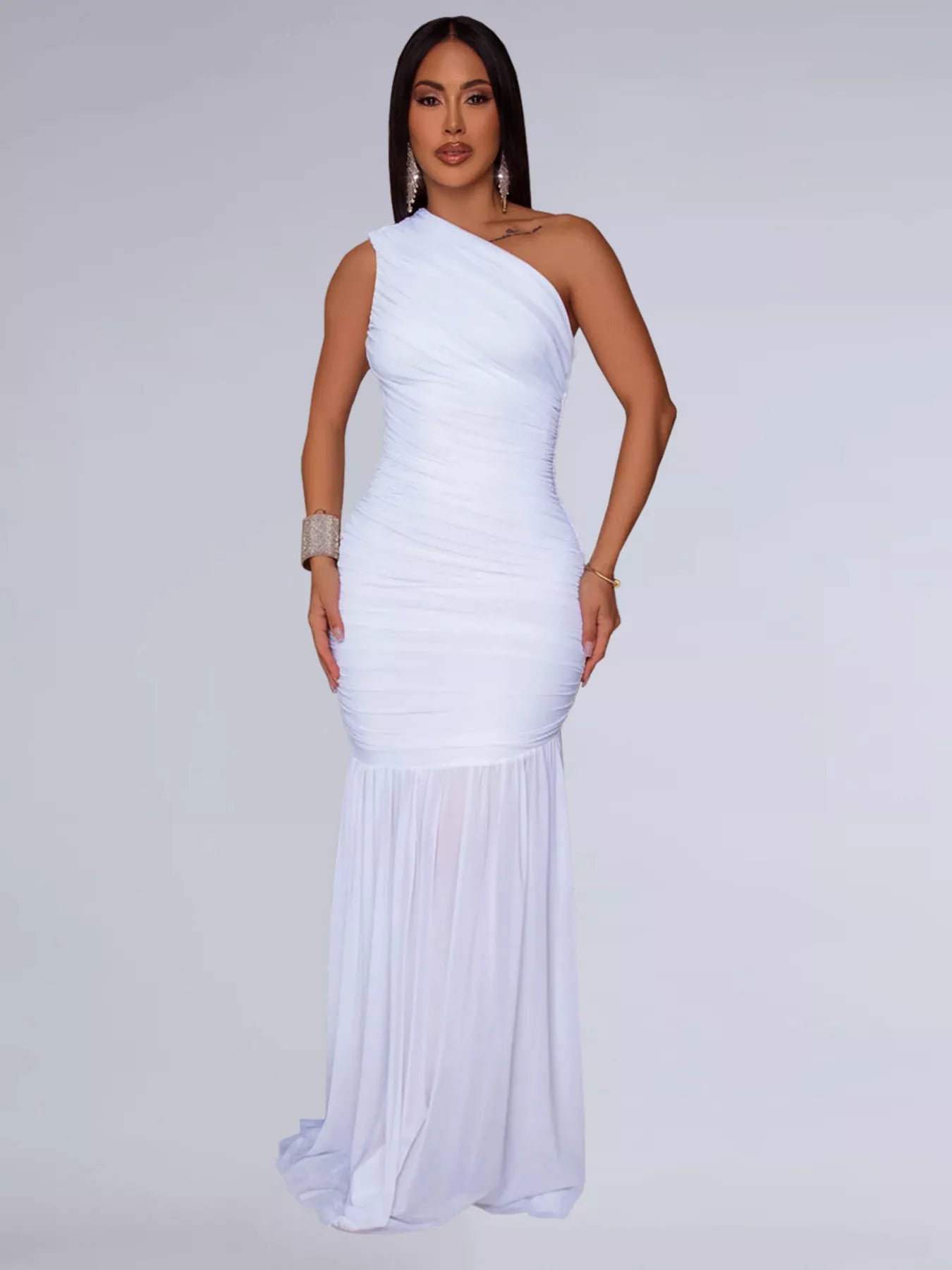 One-shoulder ruched black bodycon maxi dress by Trendsi, featuring a fitted silhouette and elegant design.