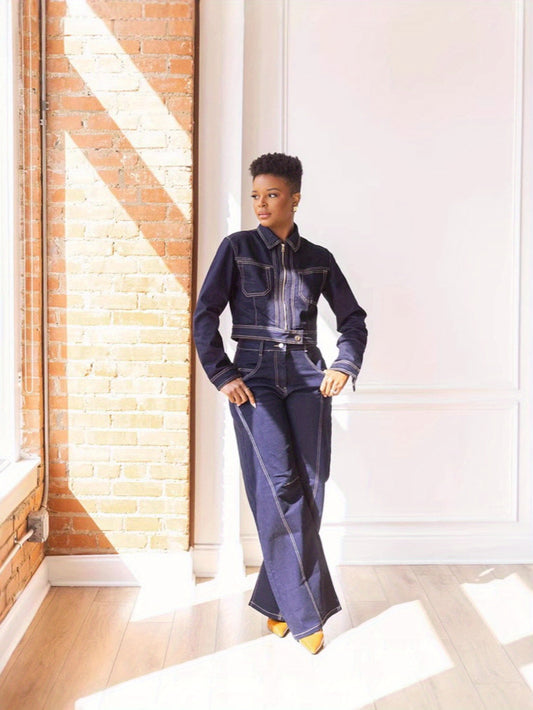 Denim Zipper Front Jacket and Stitched Wide-Leg Jean Set