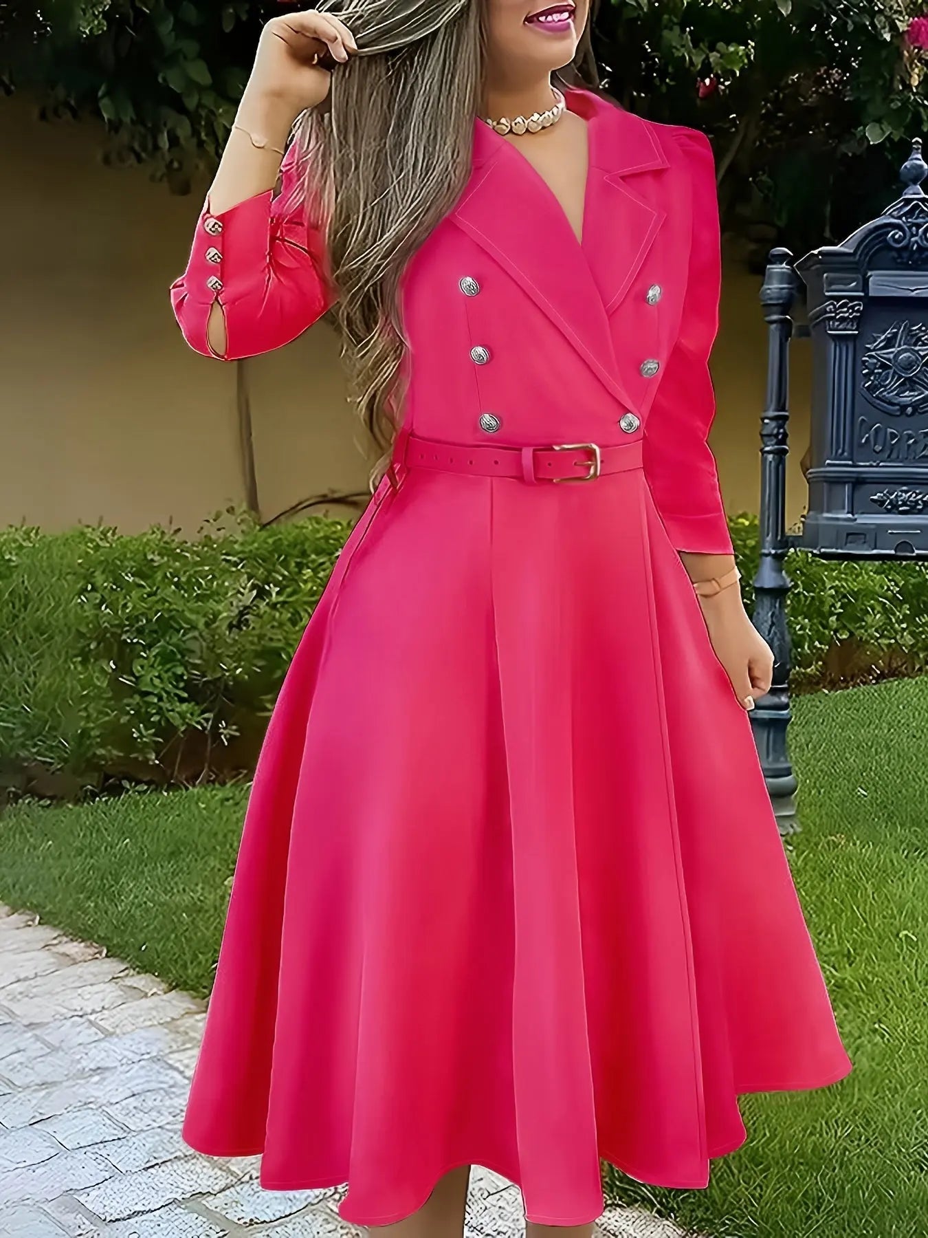 Solid Color Double Breasted Dress, Elegant Lapel Neck Belt Long Sleeve Dress aliexpress