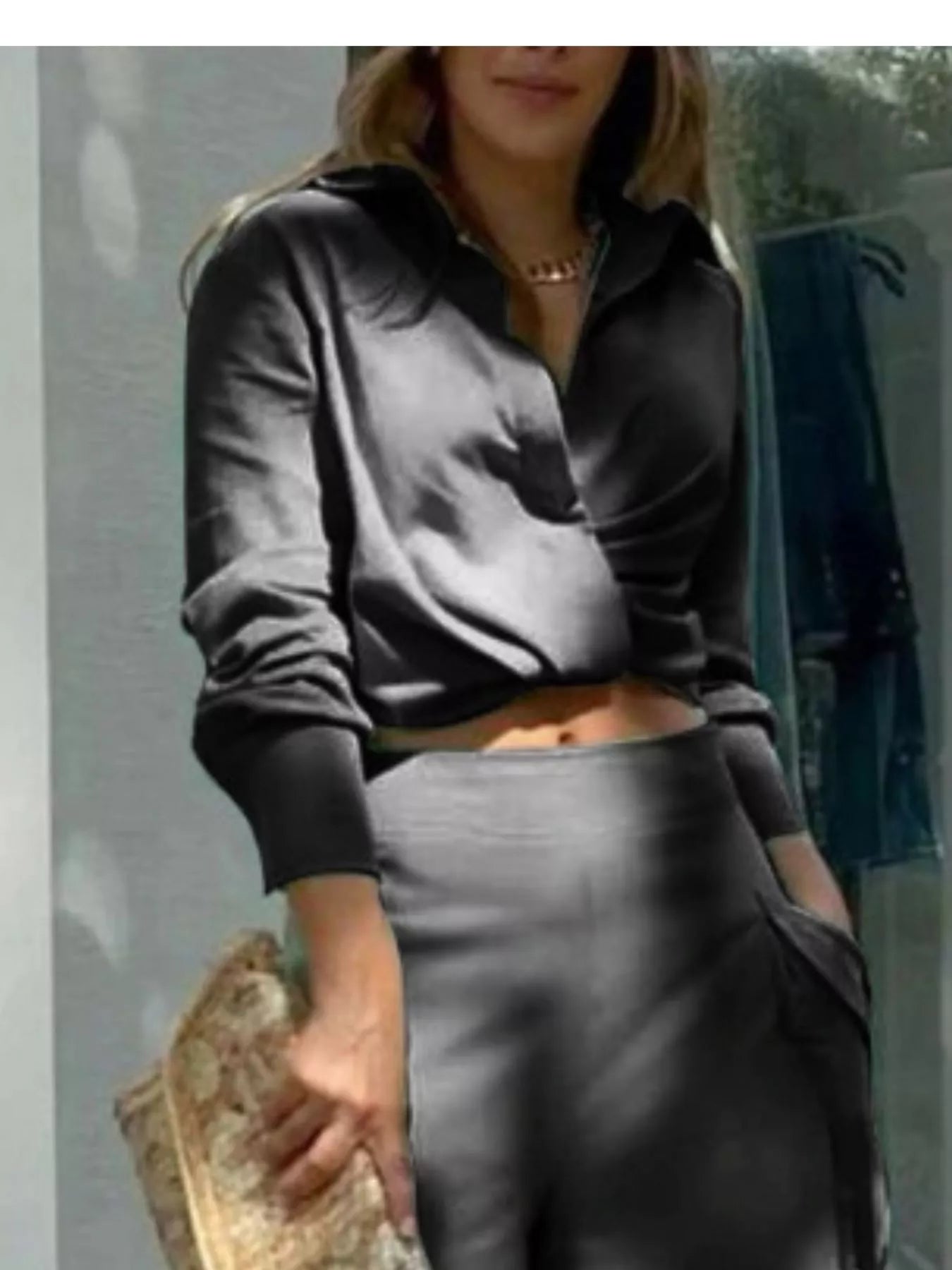 Button front shirt with chest pocket and wide-leg pants set from Trendsi, featuring a casual, stylish look in neutral fabric.