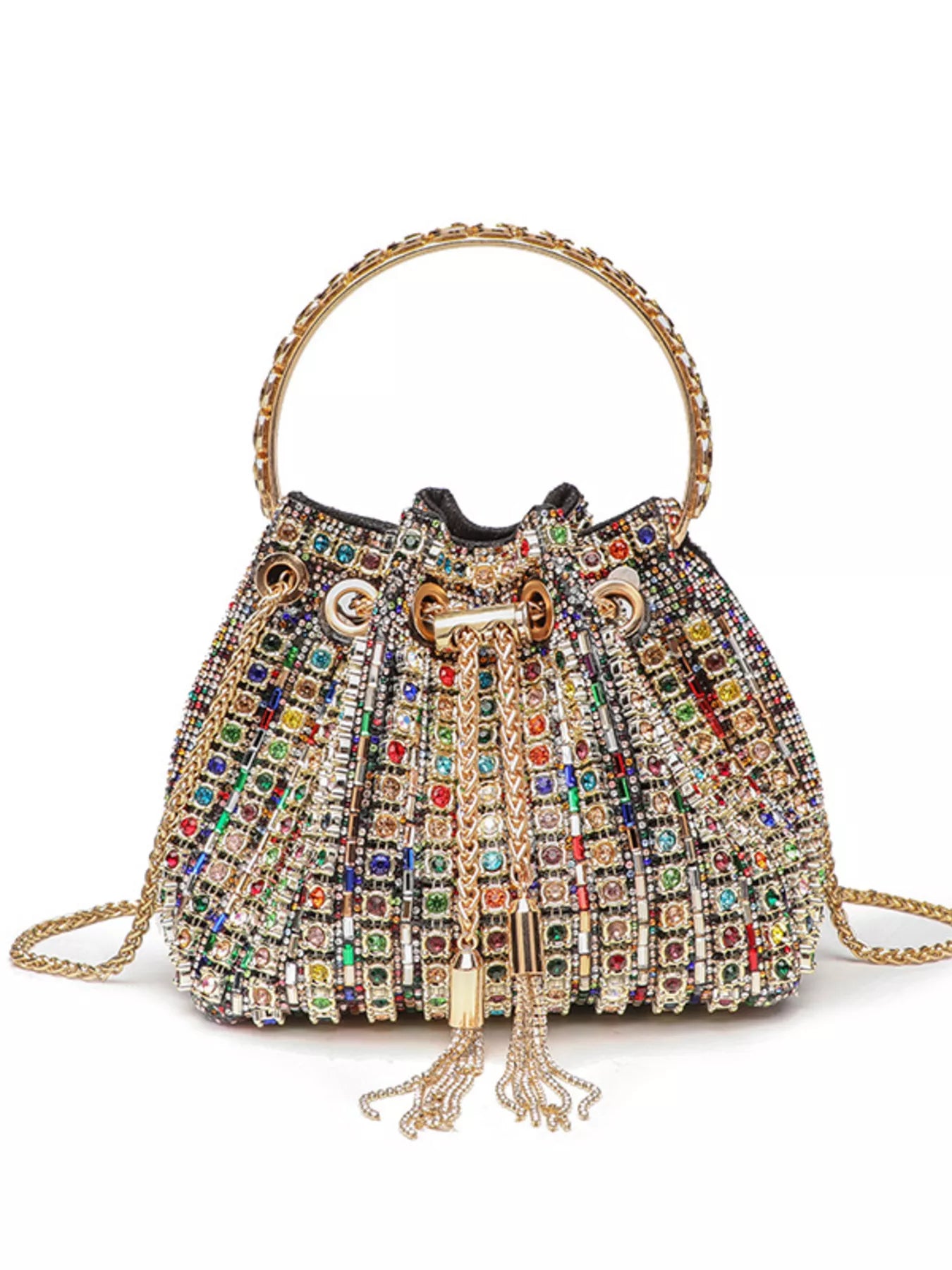 Rhinestone embellished Trendsi bucket crossbody handbag with sparkling details and adjustable strap, stylish and compact.
