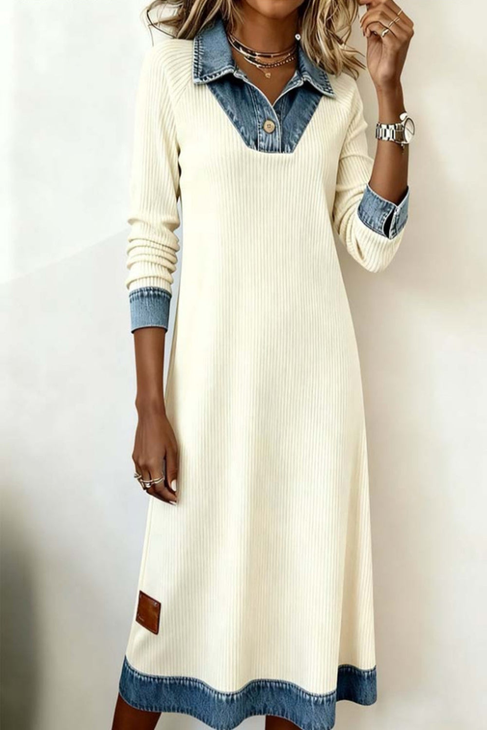 Ribbed knit midi dress with denim trim from Trendsi, featuring a fitted silhouette and stylish details.