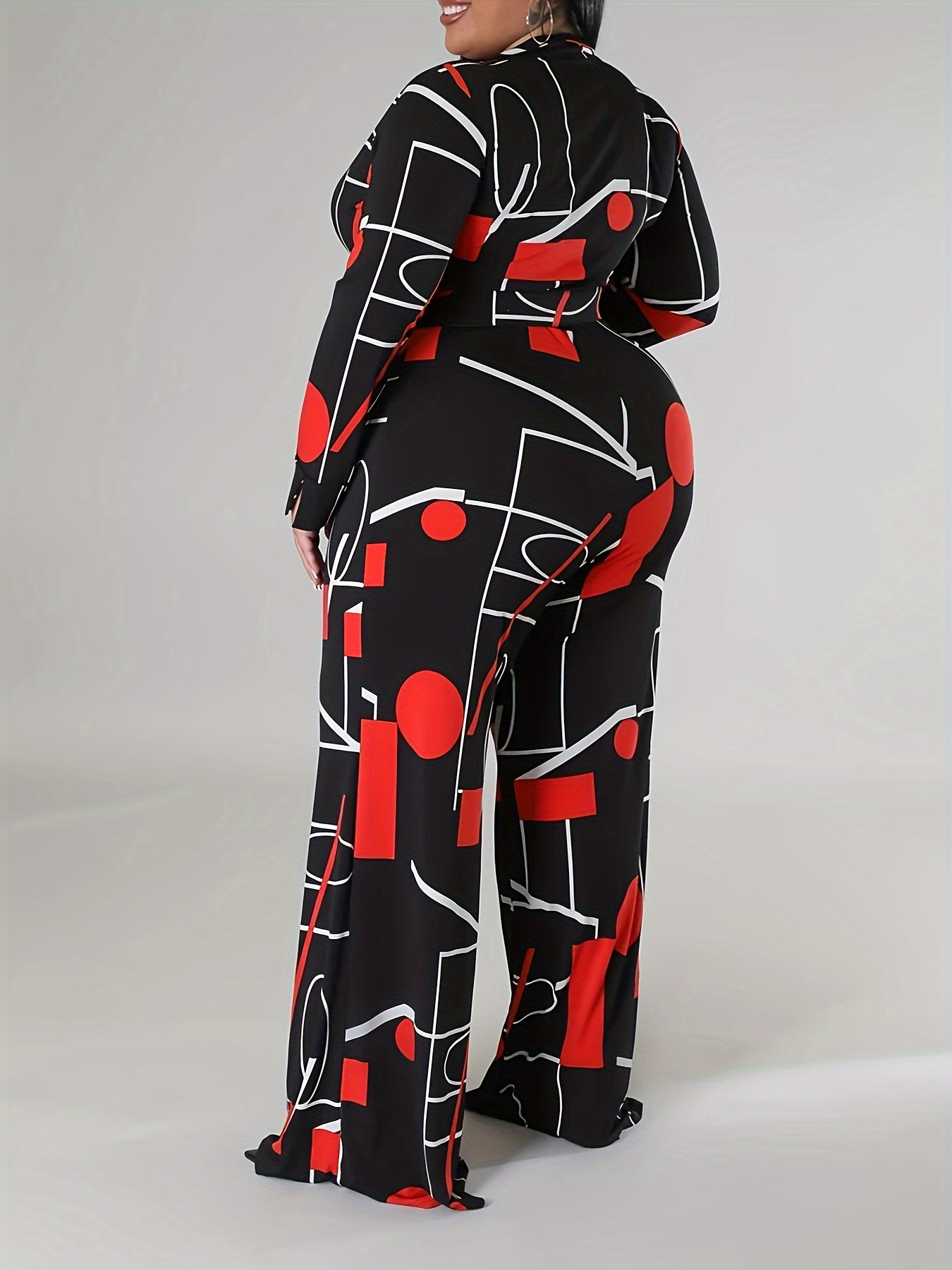 Geometric Print Belted Jumpsuit – Lapel Collar, Wide-Leg & Statement Style