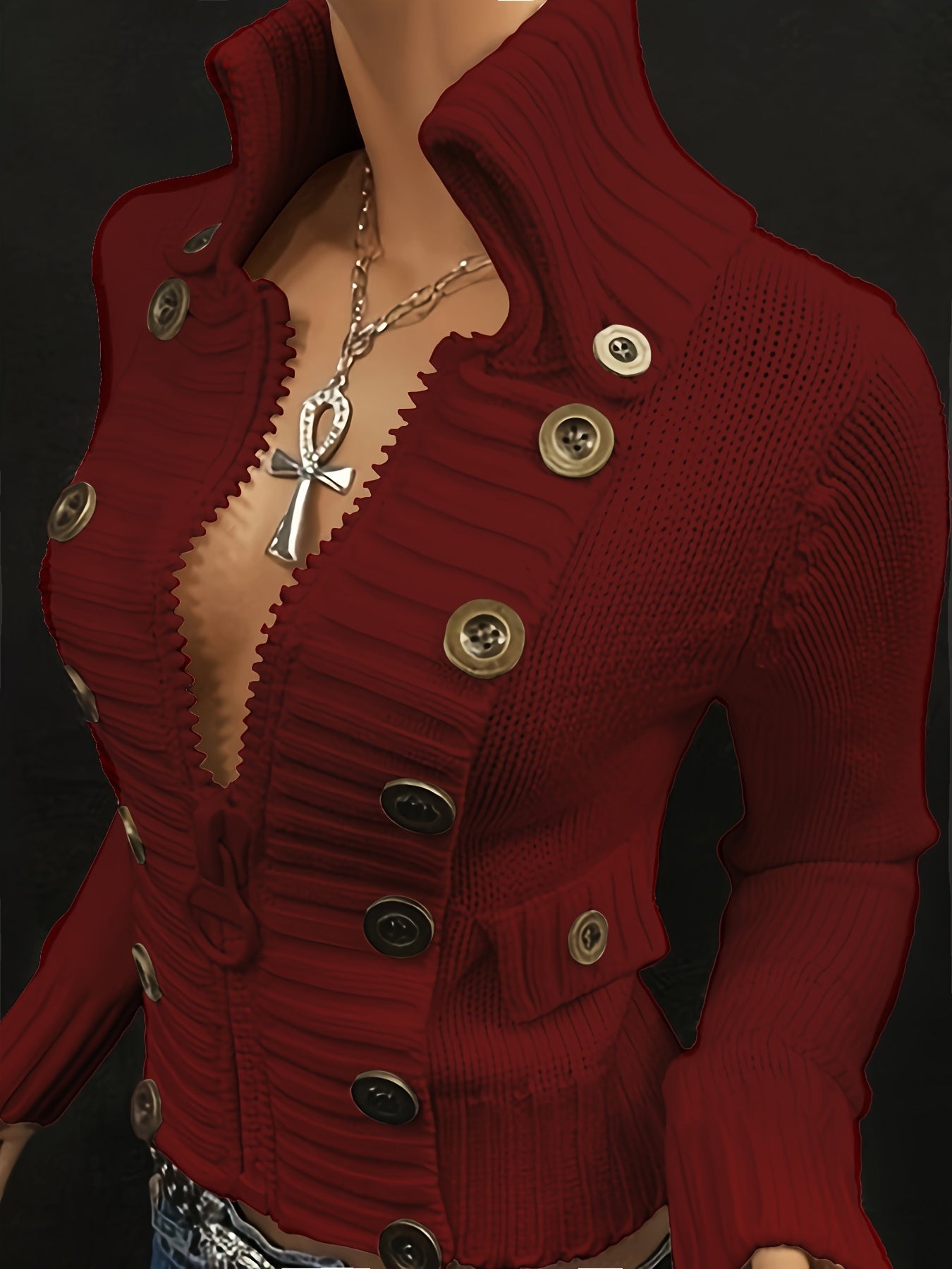 Slim Fit Cropped Cardigan with Statement Zipper & Decorative Buttons