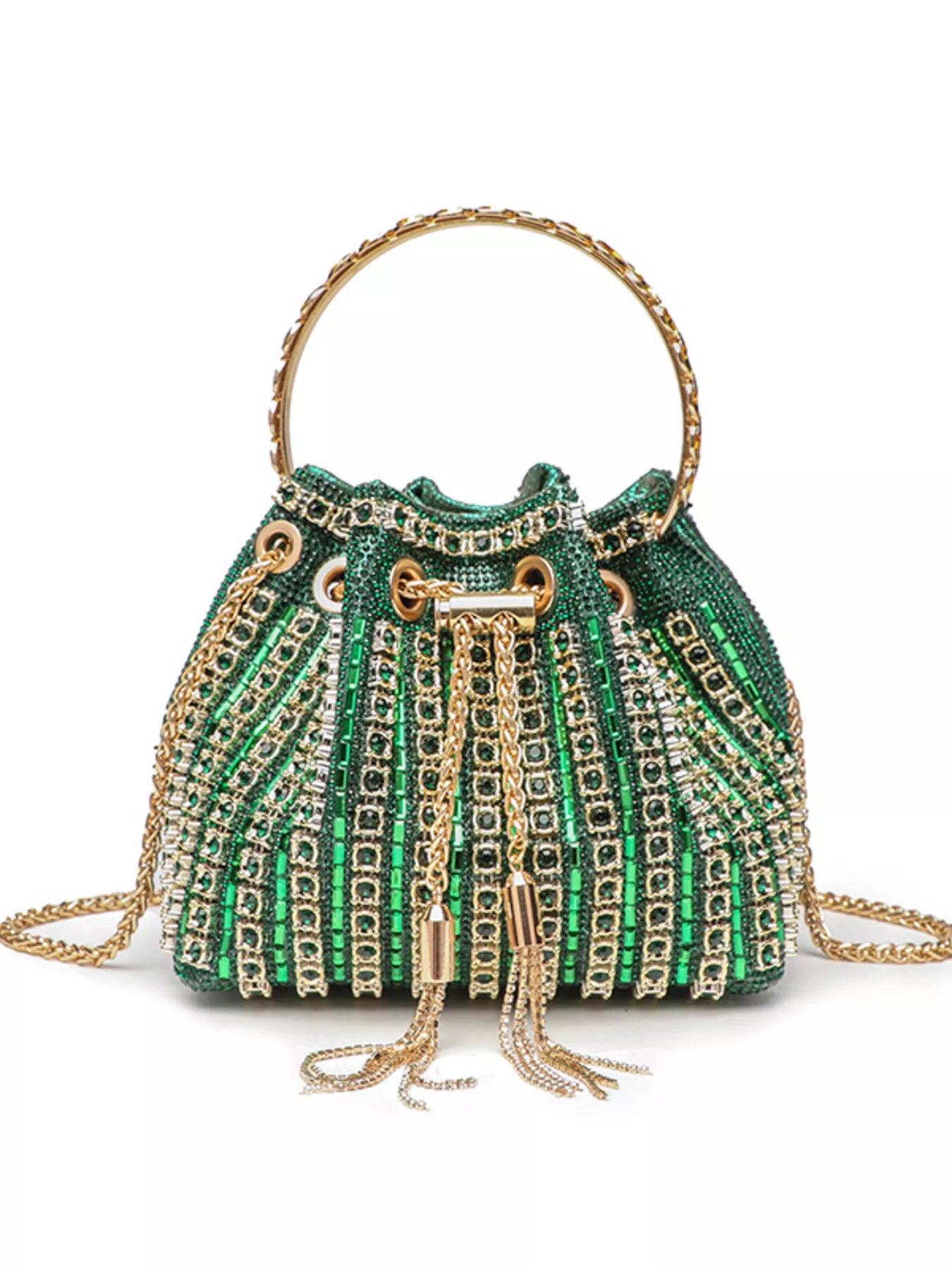 Rhinestone embellished bucket crossbody handbag with chain strap, stylish trendi brand accessory with sparkling details