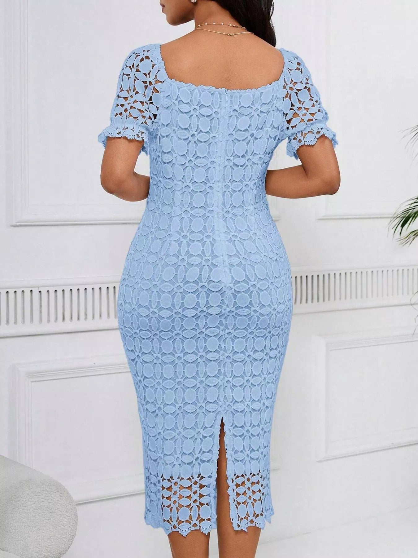 Lace short sleeve midi dress by Trendsi featuring delicate lace fabric, fitted waist, and elegant knee-length design.