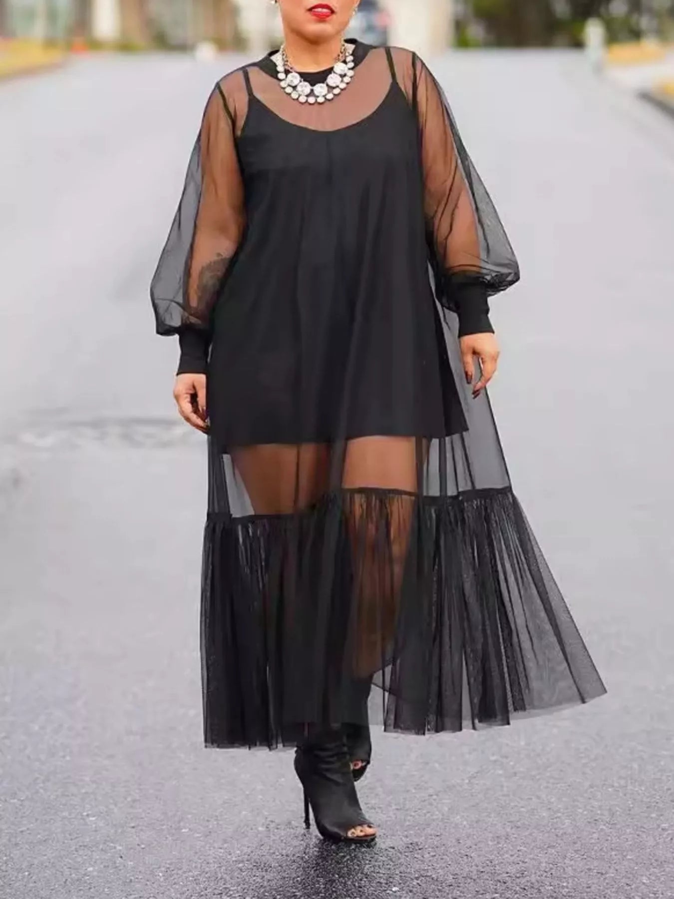 Scoop neck cami dress and sheer mesh dress set by Trendsi, featuring a stylish cami silhouette with transparent mesh overlay.