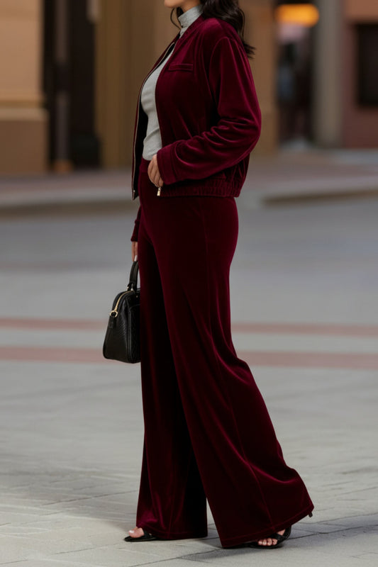 Retro Style Crimson Short Jacket & Wide-Leg Pant Set