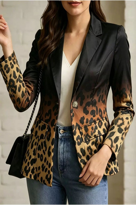 Leopard print contrast blazer by Trendsi, tailored fit with bold animal pattern, stylish for casual or professional wear.