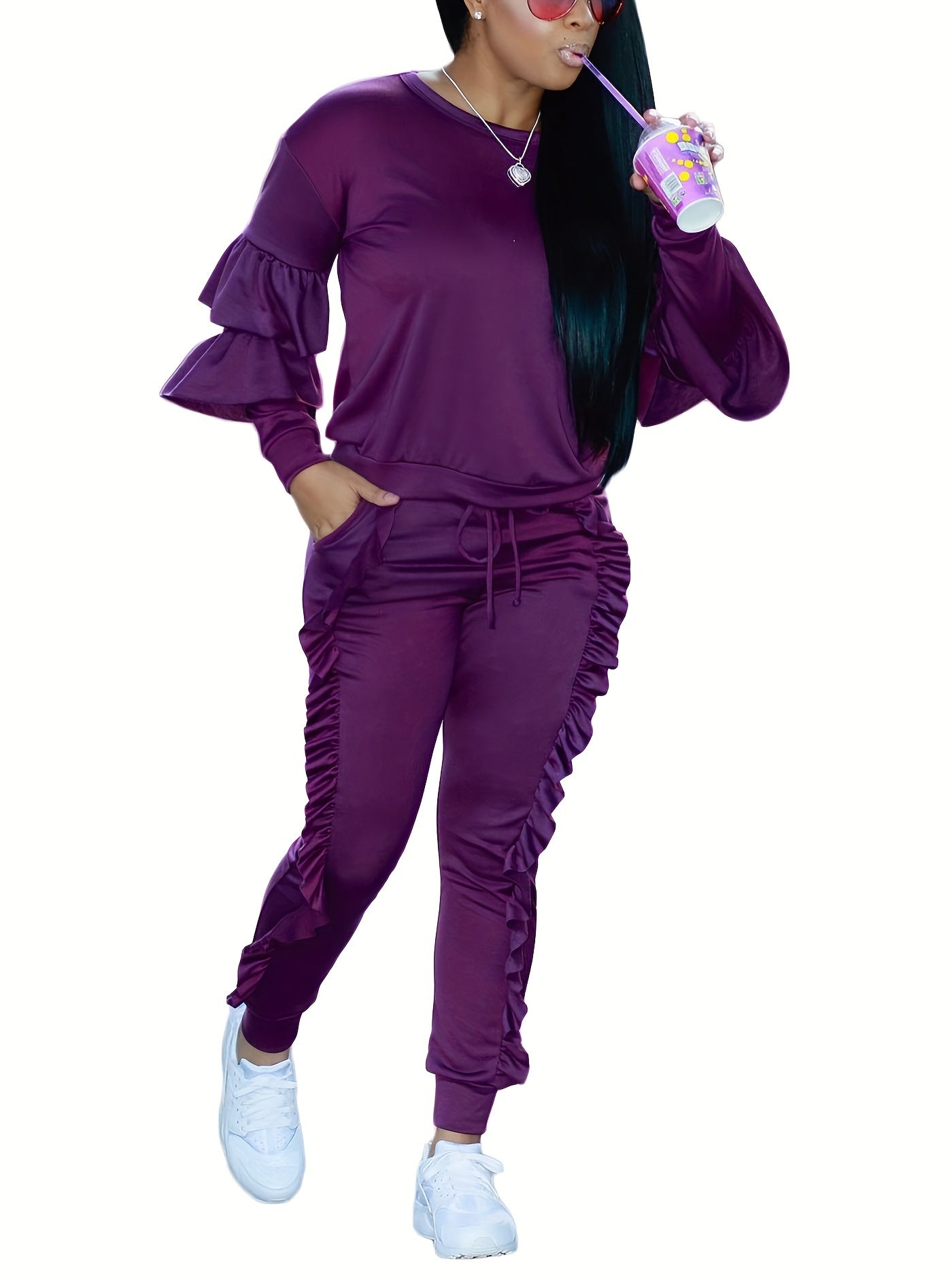 Ruffle-Sleeve Sweatshirt & Jogger Pants Tracksuit Set