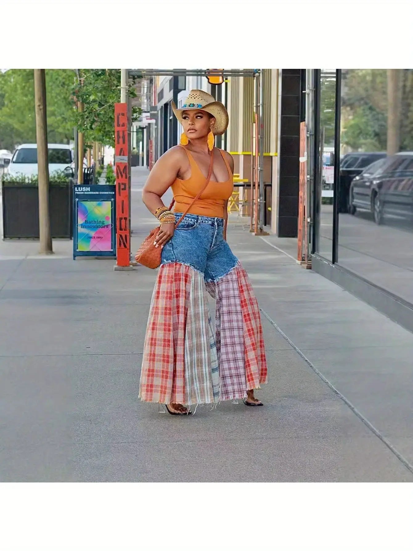 Blue Jean and Plaid Wide-Leg Jeans Toshe Women's Fashions