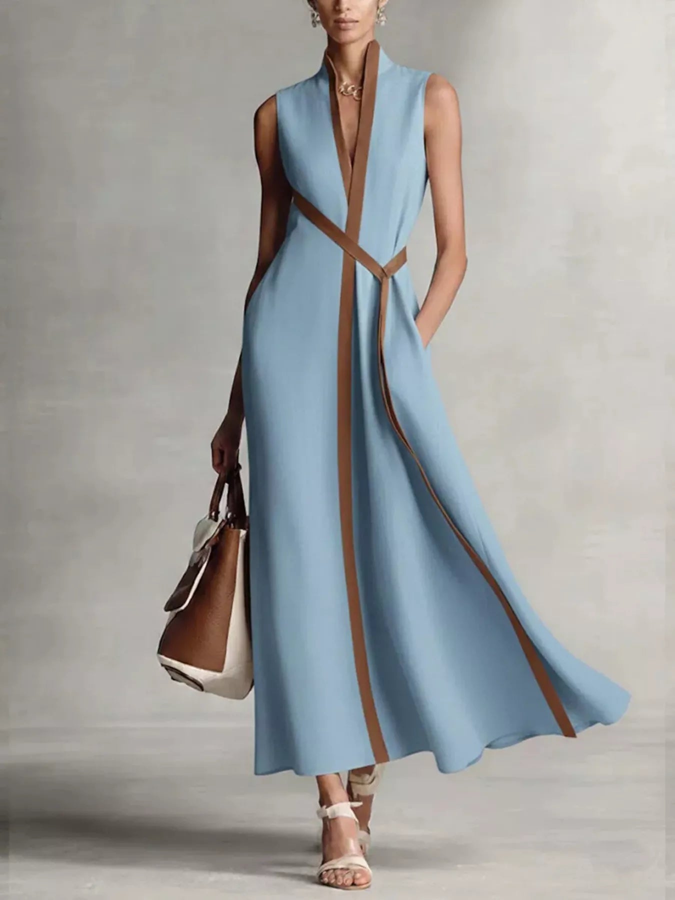 Sleeveless maxi dress with contrast trim from Trendsi, featuring a flowing silhouette and stylish design.