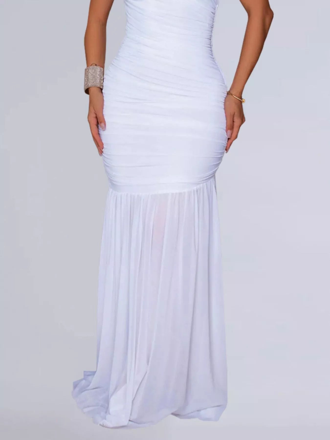 Black one-shoulder ruched bodycon maxi dress by Trendsi, featuring fitted style and elegant design, shown on a model.