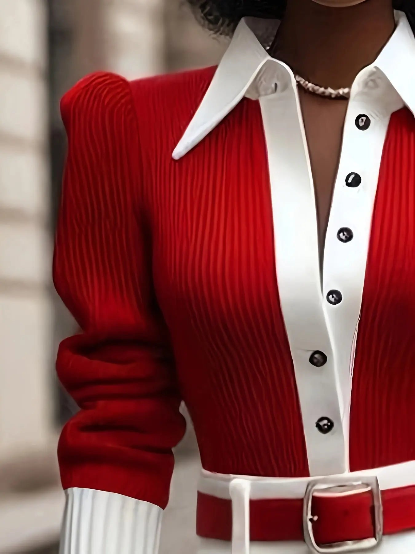 Red And White Color-Blocked Collared Knitted Shirt Toshe Women's Fashions
