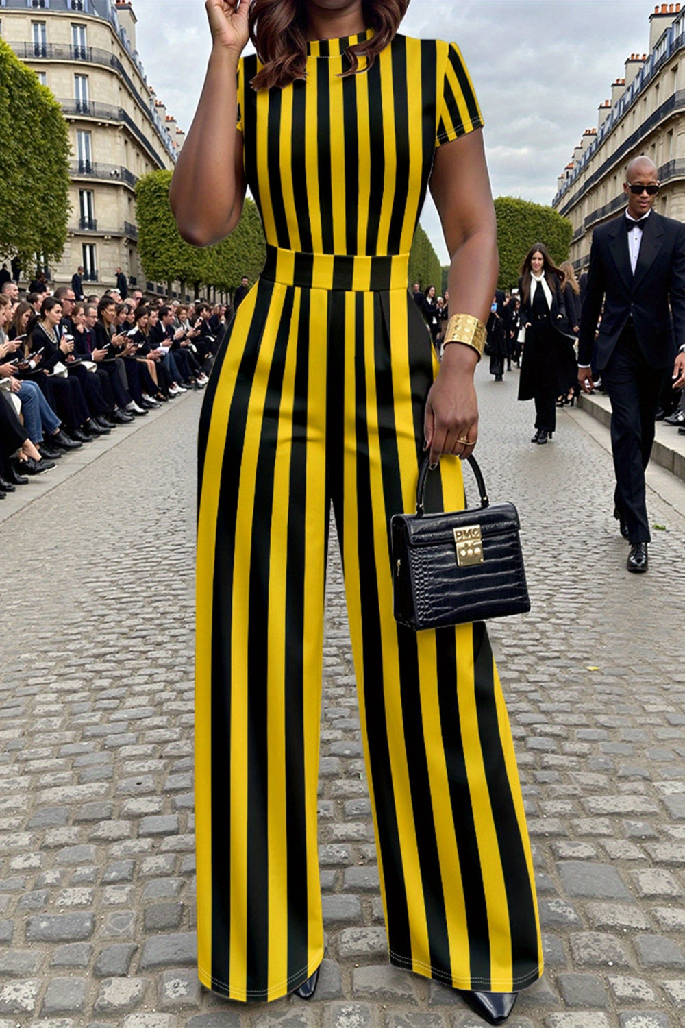 Yellow & Black Vertical Stripe Pants Set – Short Sleeve Top and Trouser Co-ord