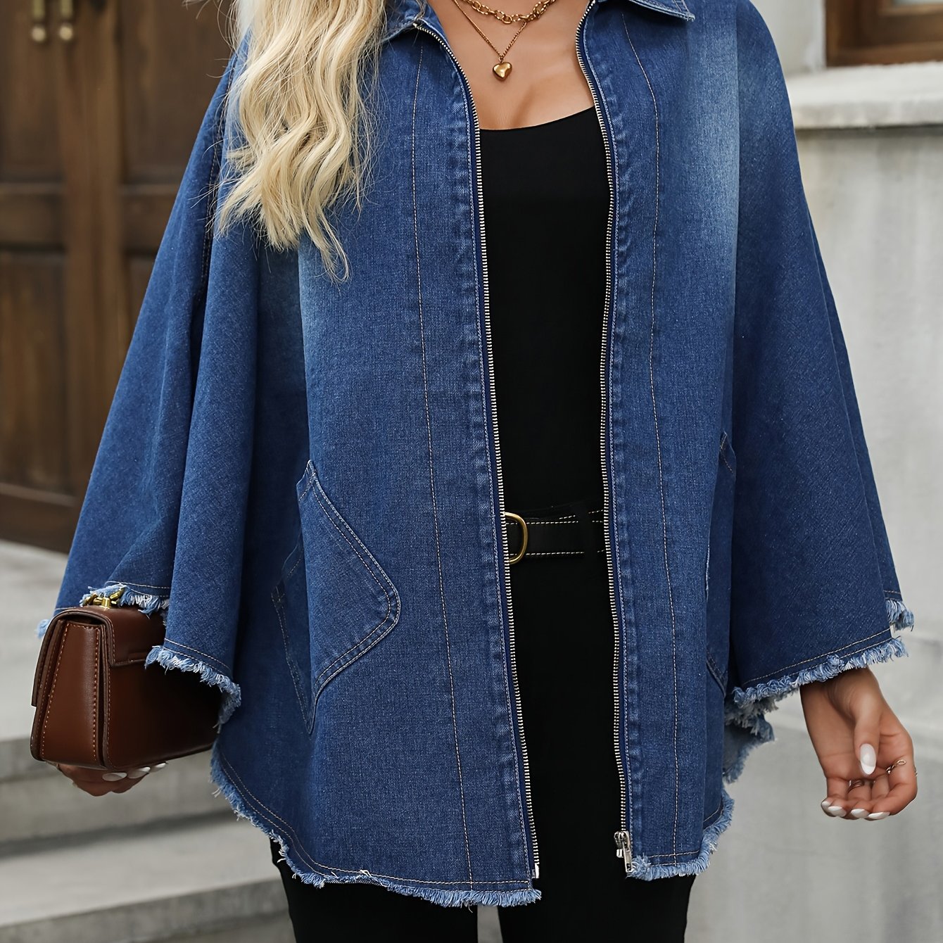 Denim Zipper Cloak Top
