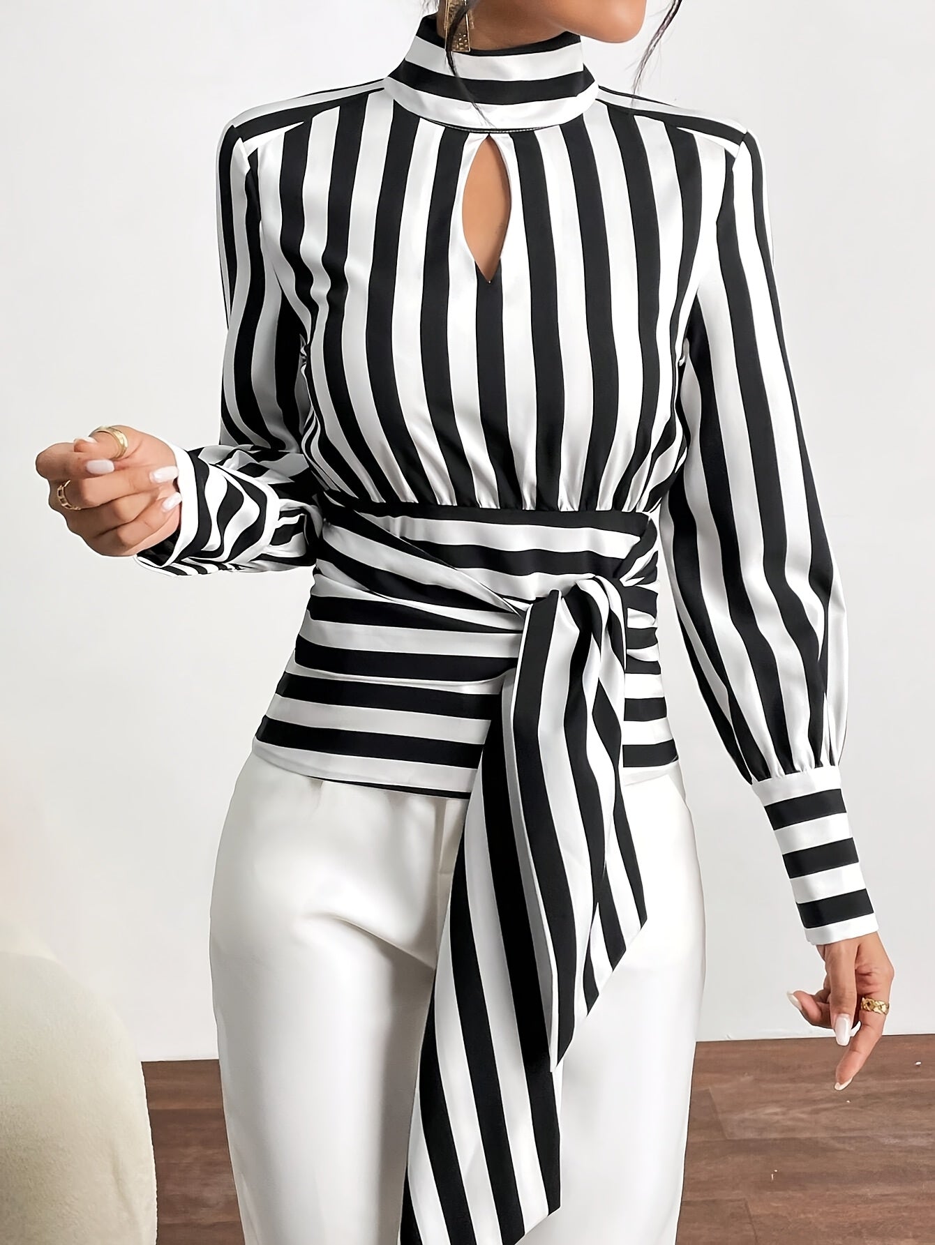Elegant High-Neck Stripe Blouse – Adjustable Waist Tie, Long Sleeves & Smooth Fabric