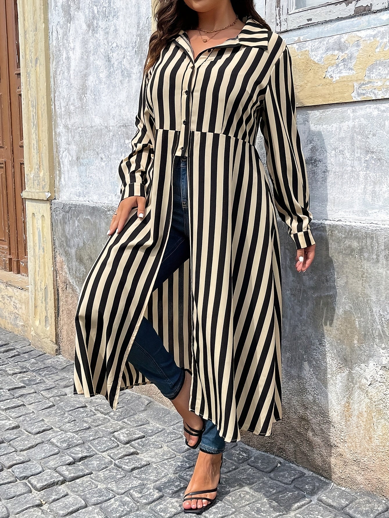Collared Striped Button-Up Hi-Lo Blouse with Front Split