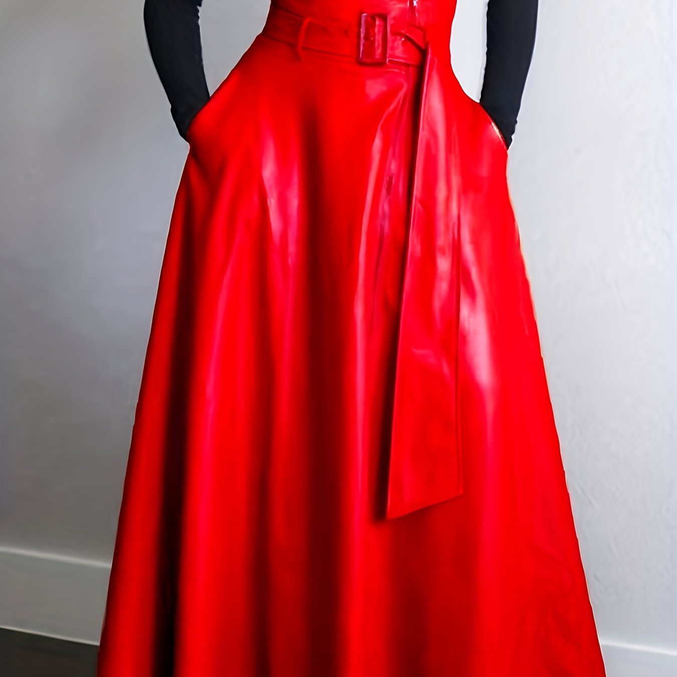 Vibrant High-Waisted Belted Faux Leather Skirt with Side Zipper Pockets