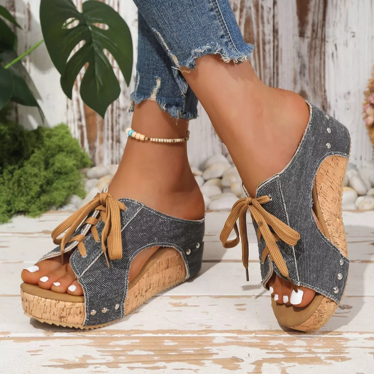 Lace-up wedge sandals from Trendsi featuring open toes, ankle ties, and a sturdy cork heel for summer wear.