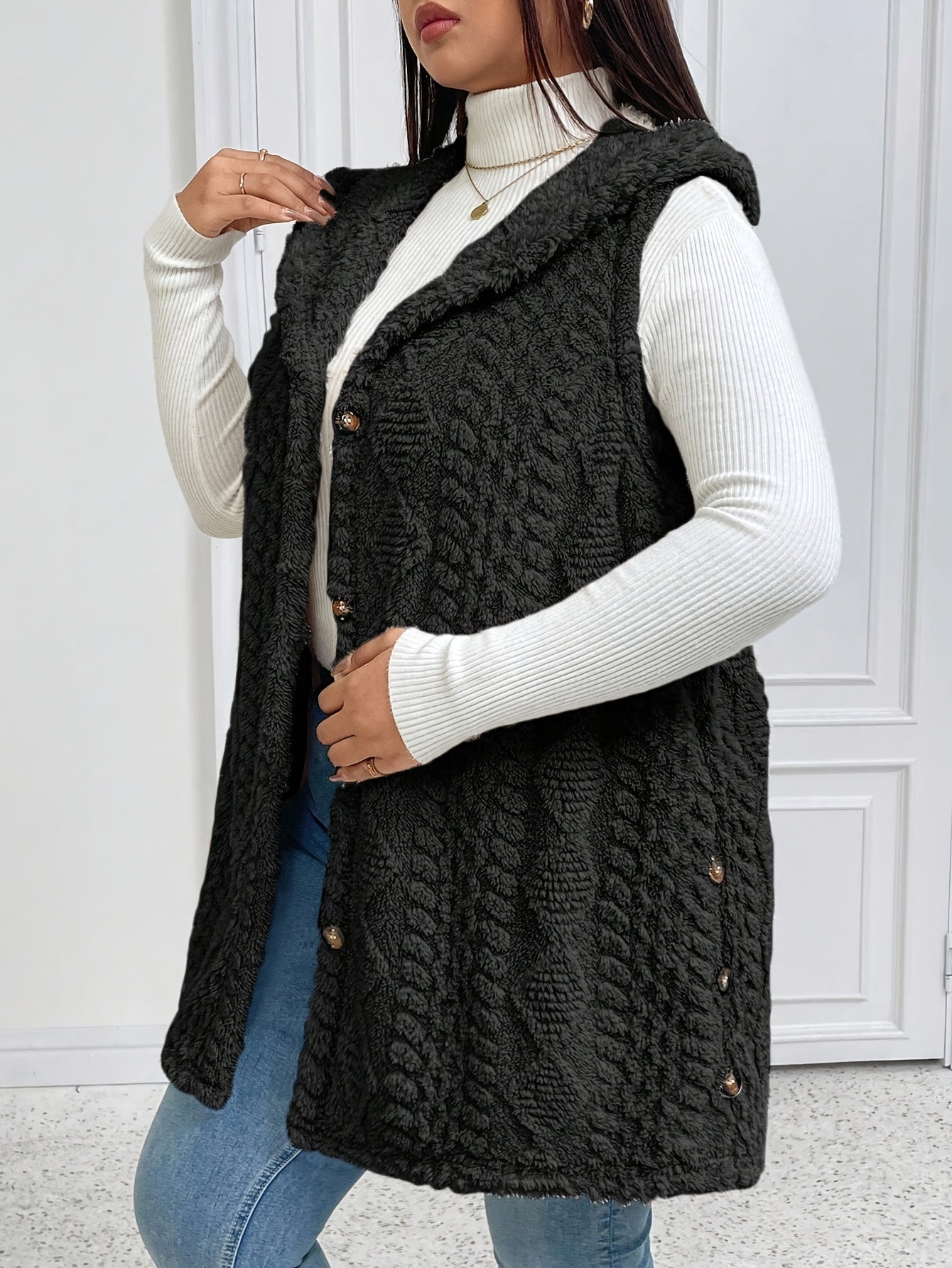 Hooded Fleece-Lined Faux Button Sleeveless Vest