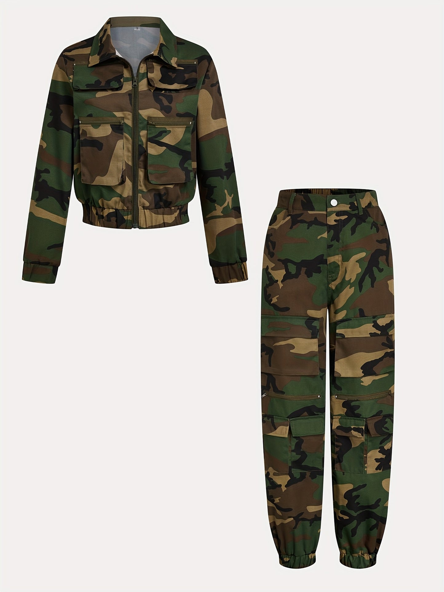 Army Green Cropped Utility Jacket & Tapered Jogger Pants Set