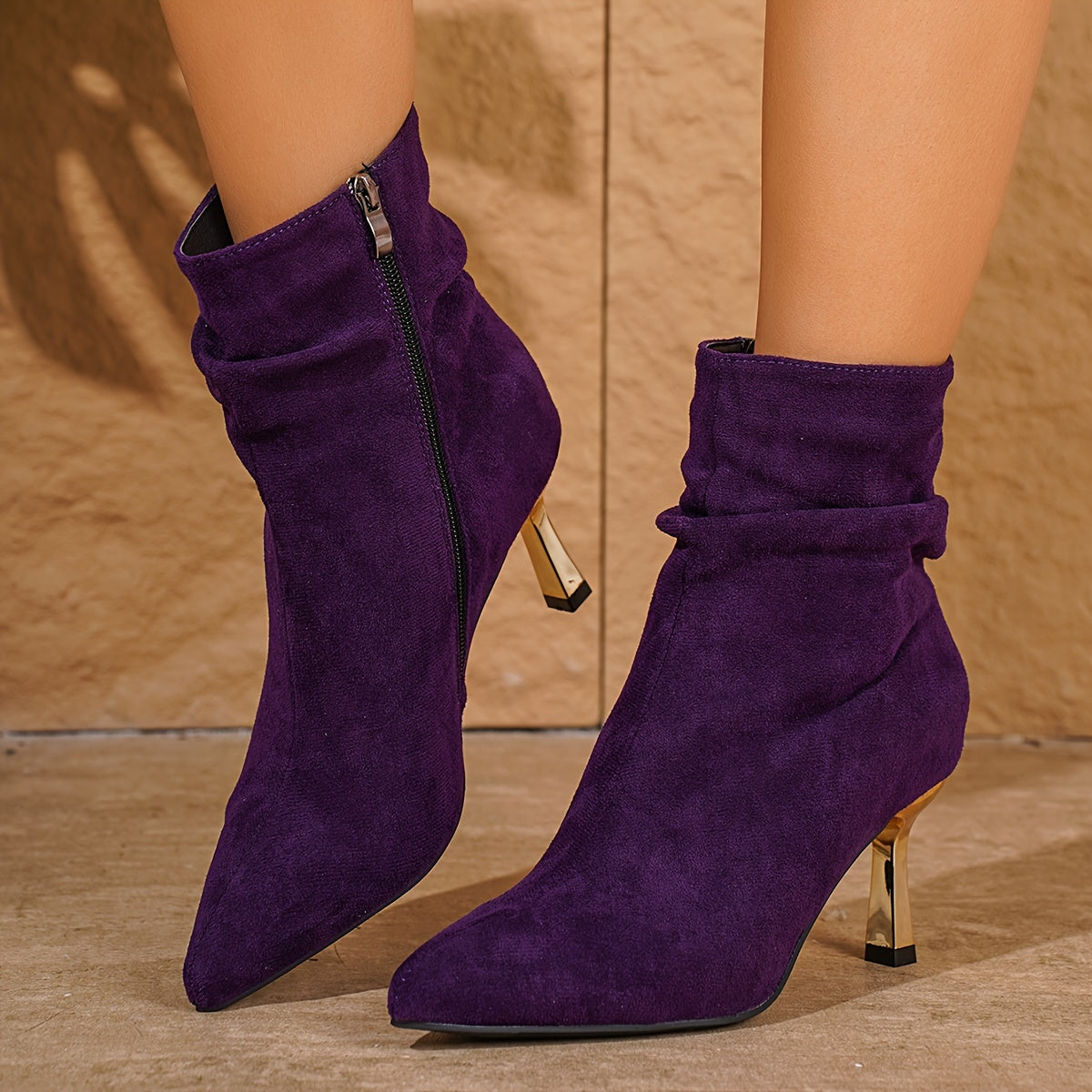 Faux Suede Stiletto Gold Heel Ankle Boots